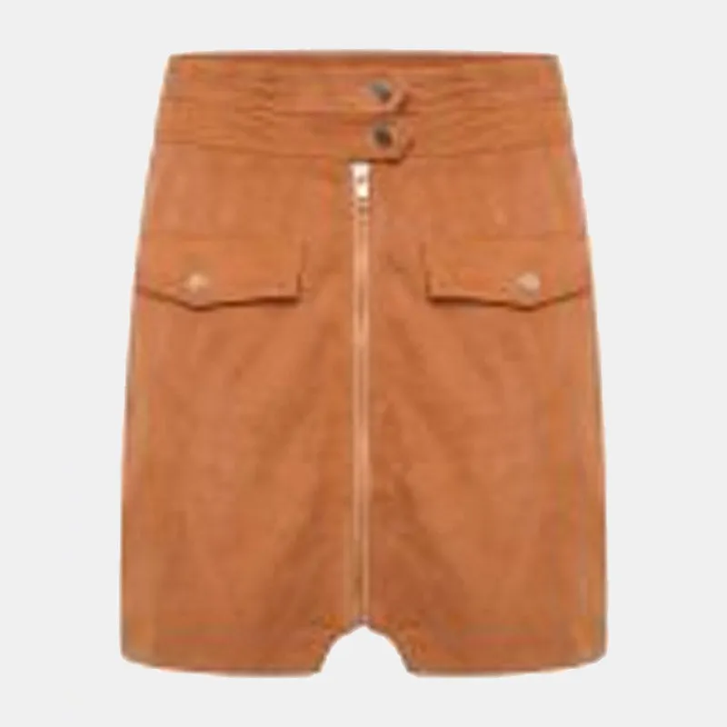 New Style Women’s Tan Real Suede Skirt with Zip Detailing