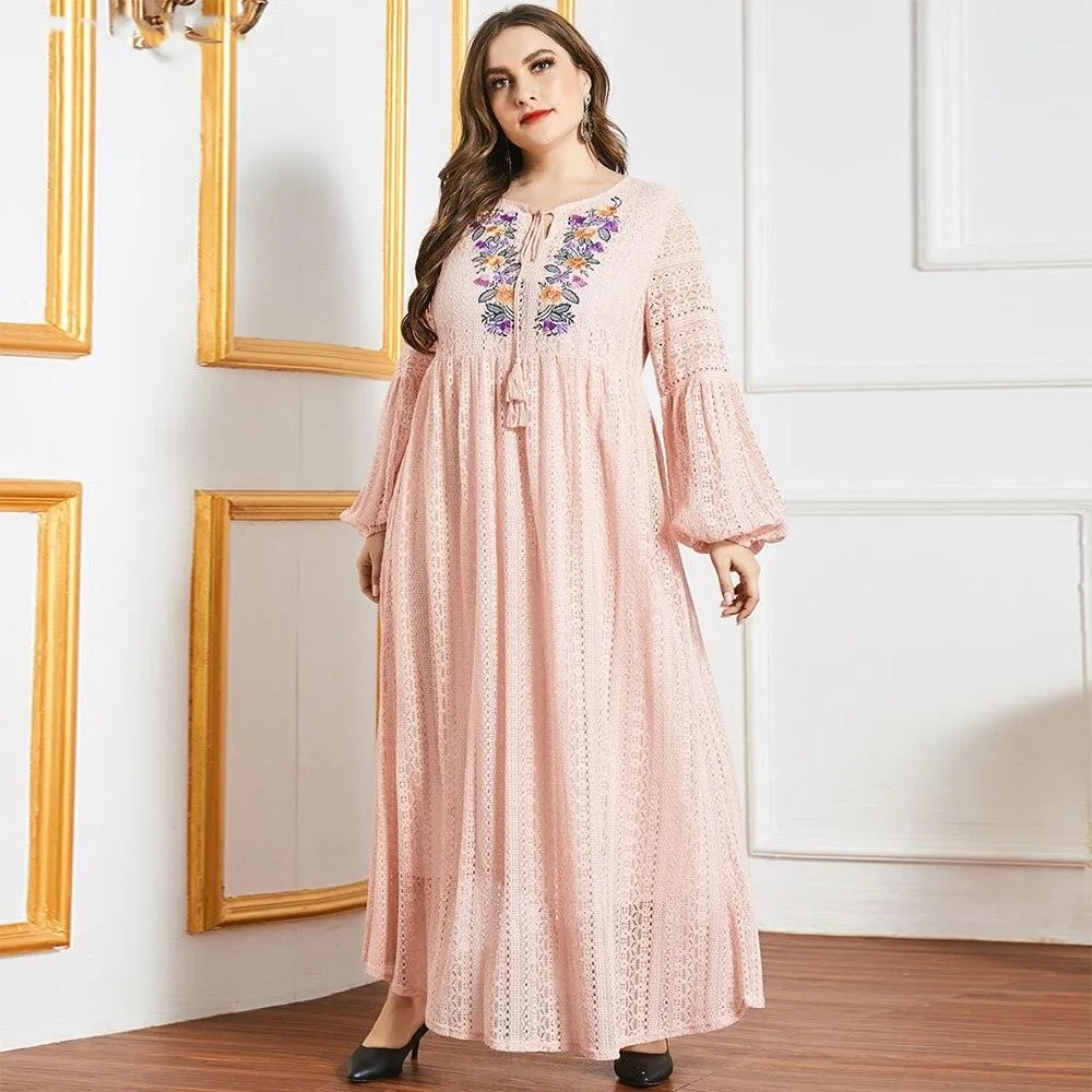 Plus Size Embroidery Floral Long Sleeve Casual Maxi Dress