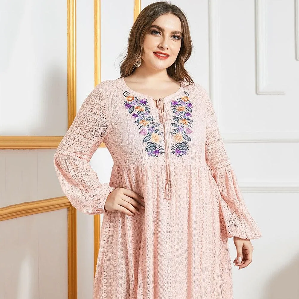 Plus Size Embroidery Floral Long Sleeve Casual Maxi Dress