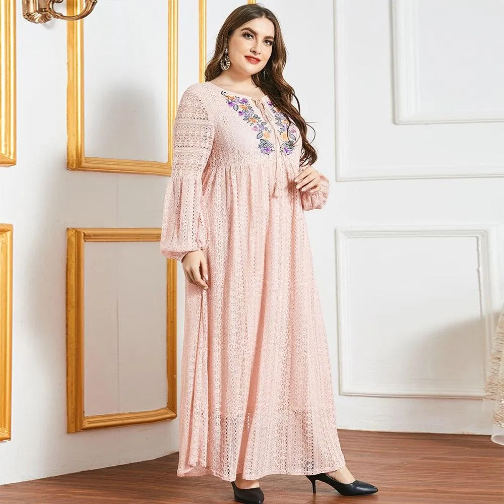 Plus Size Embroidery Floral Long Sleeve Casual Maxi Dress