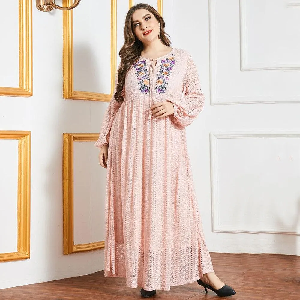 Plus Size Embroidery Floral Long Sleeve Casual Maxi Dress