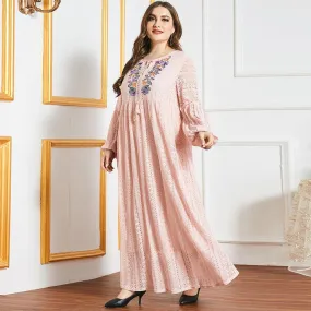 Plus Size Embroidery Floral Long Sleeve Casual Maxi Dress