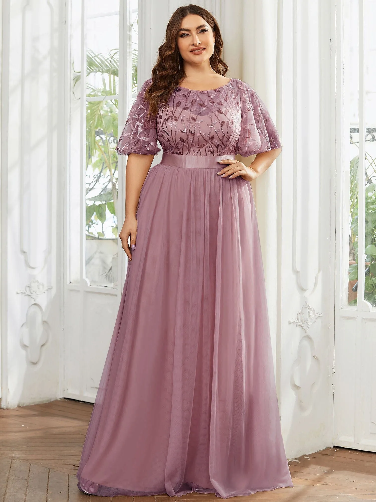 Plus Size Sequin Bodice Long Formal Evening Dresses