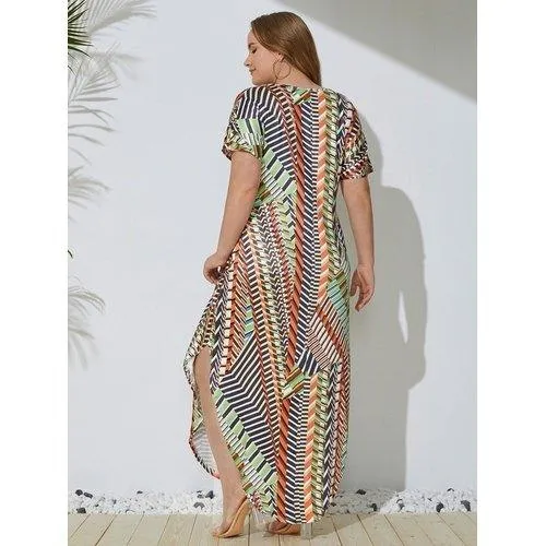 Plus Size Short Sleeve Striped Print Casual Side Split Maxi Dress