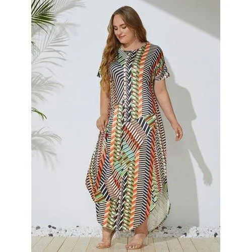 Plus Size Short Sleeve Striped Print Casual Side Split Maxi Dress