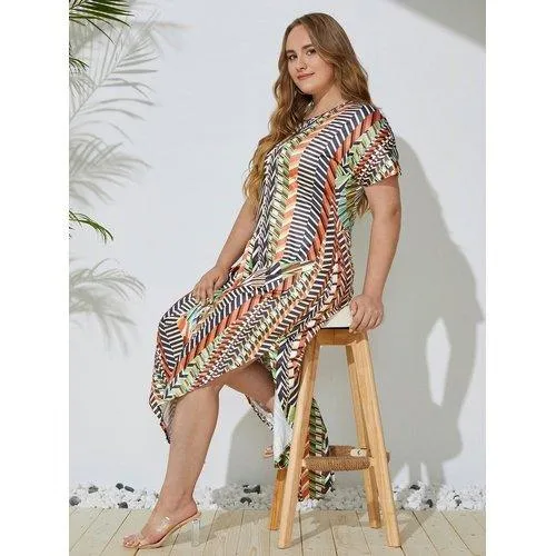 Plus Size Short Sleeve Striped Print Casual Side Split Maxi Dress