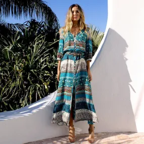 Printing V Neck Button Wholesale Bohemian Dresses High Split Beach Maxi Dresses Summer