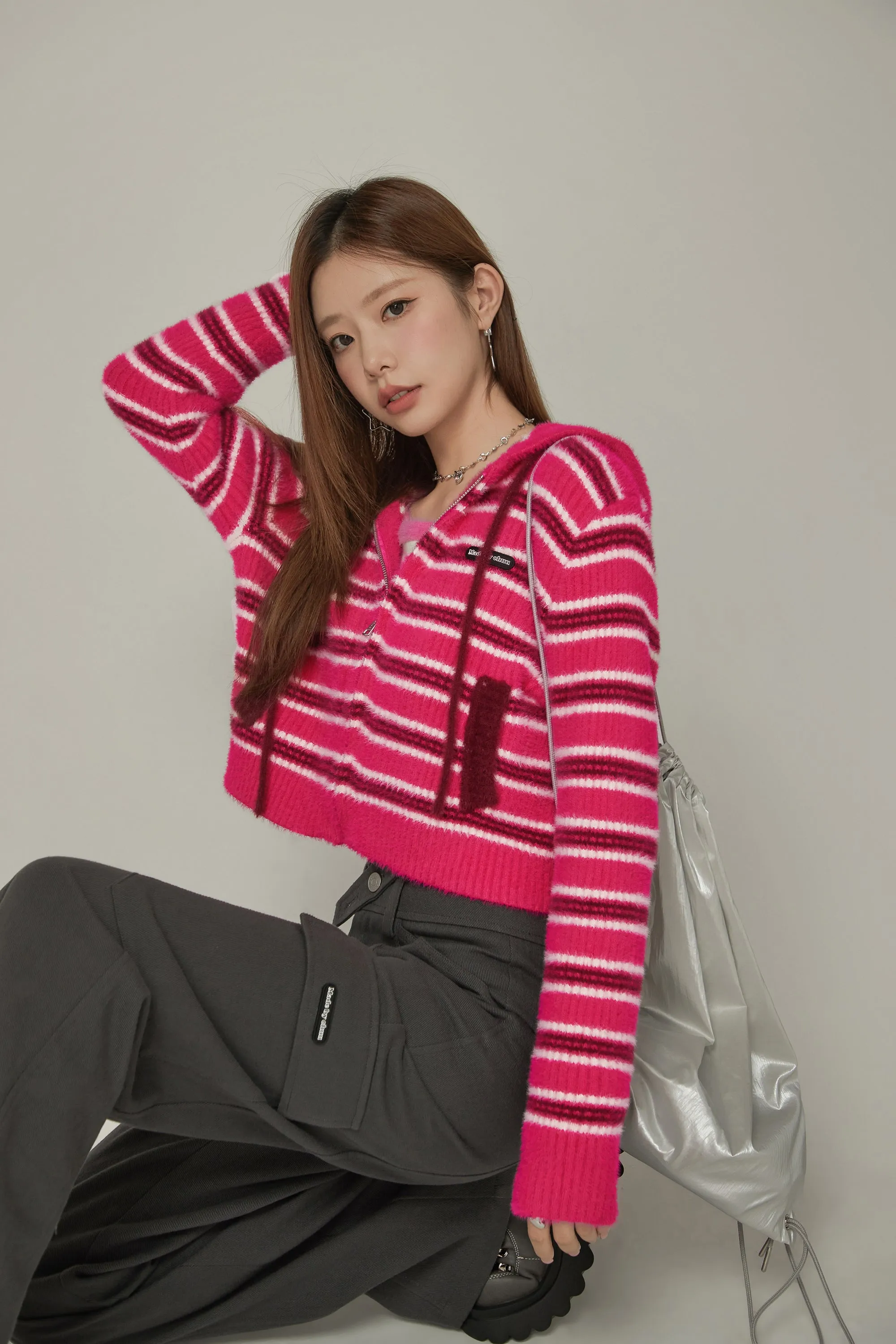 Striped Hooded Basic Zip-Up