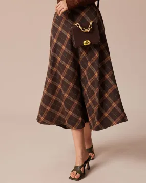 The Brown Elastic Waist Plaid A-Line Midi Skirt