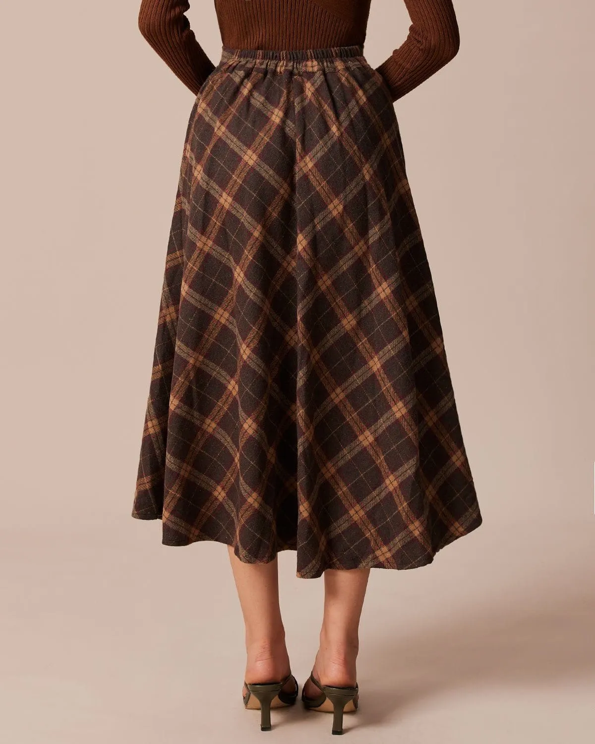 The Brown Elastic Waist Plaid A-Line Midi Skirt