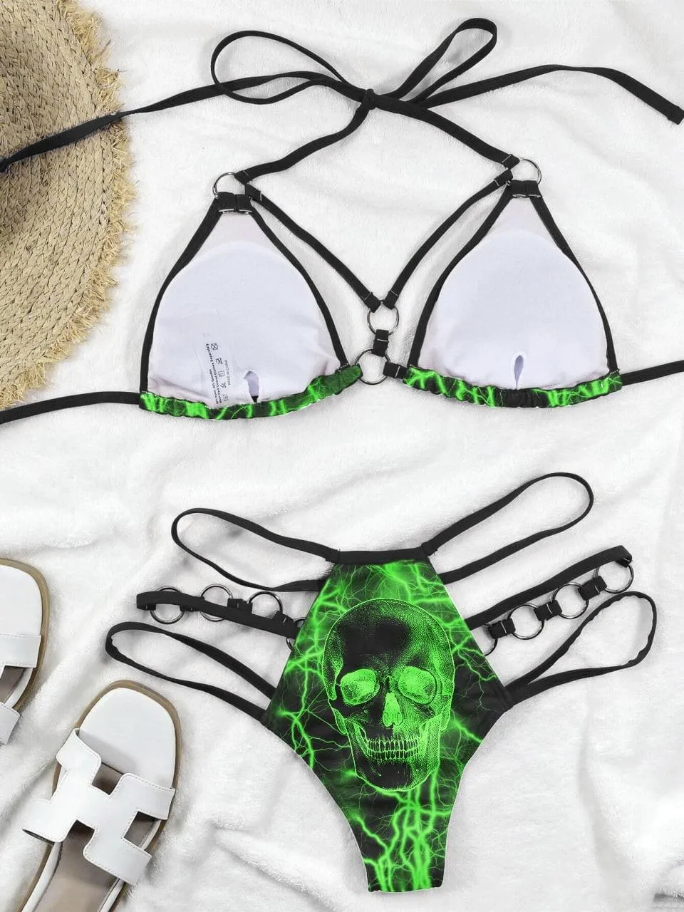 Thunder Green Skull Gothic Micro Bikini, Sexy Lemonade Ring Swimsuit Set For Women