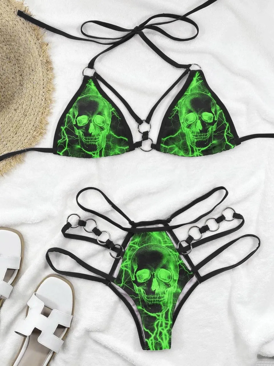 Thunder Green Skull Gothic Micro Bikini, Sexy Lemonade Ring Swimsuit Set For Women