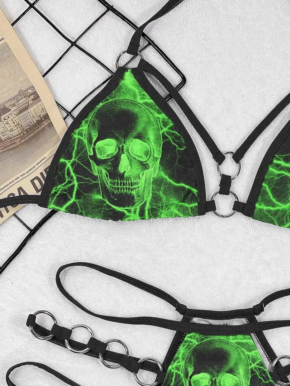 Thunder Green Skull Gothic Micro Bikini, Sexy Lemonade Ring Swimsuit Set For Women