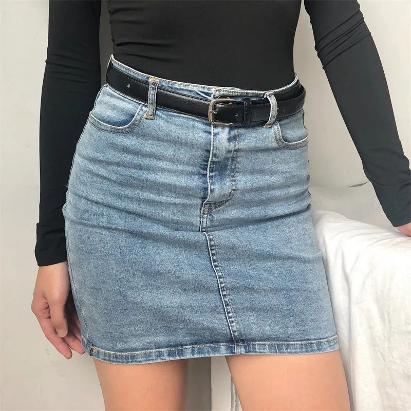 Wenkouban - Retro High-Waisted Denim Skirt