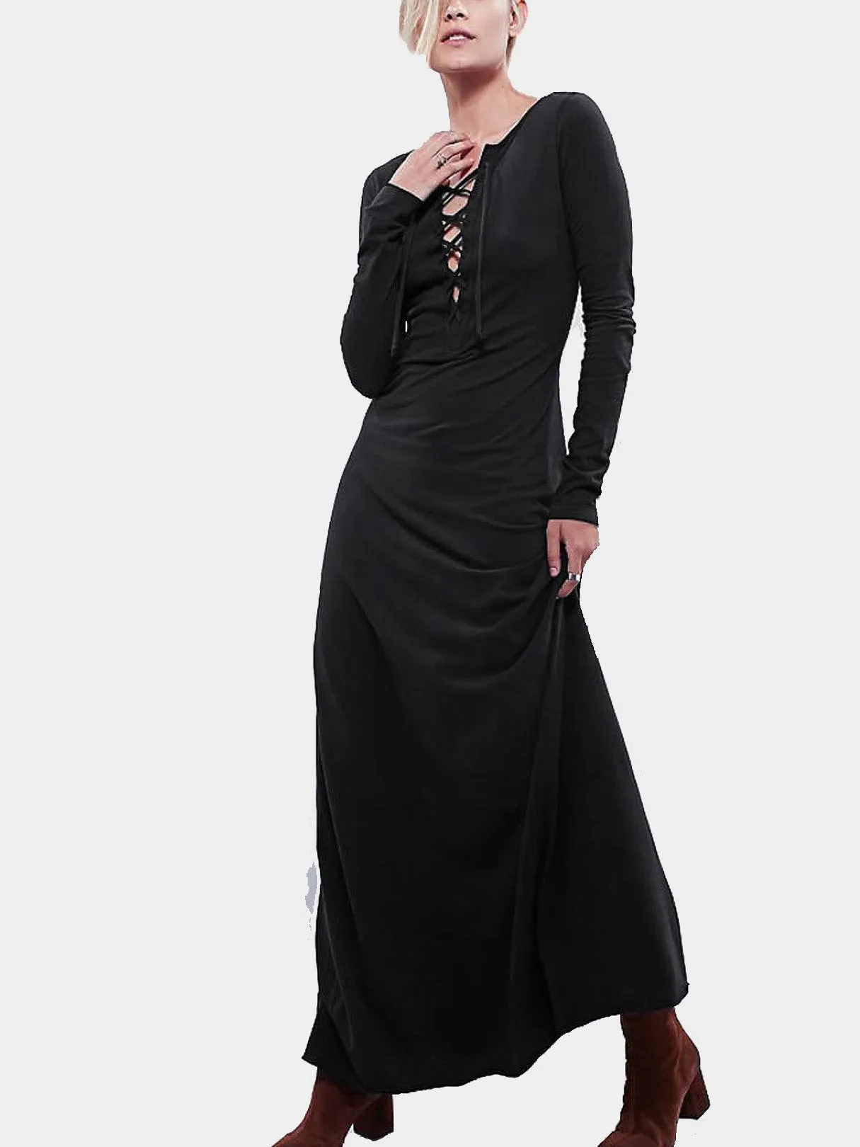 Wholesale Black V-Neck Long Sleeve Maxi Dress