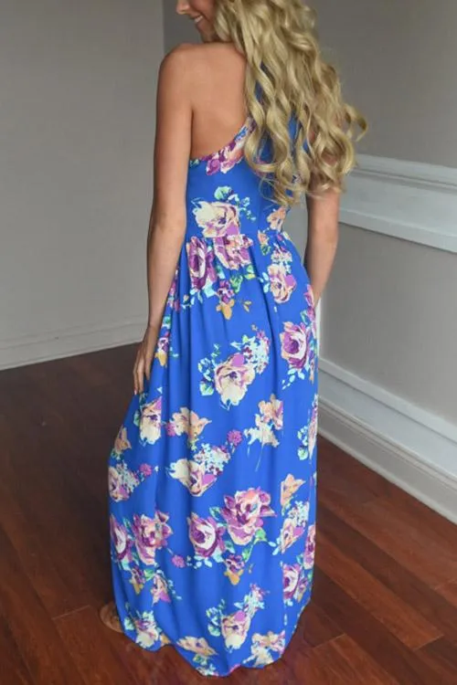 Wholesale Blue Halter Sleeveless Floral Print Pleated Maxi Dress