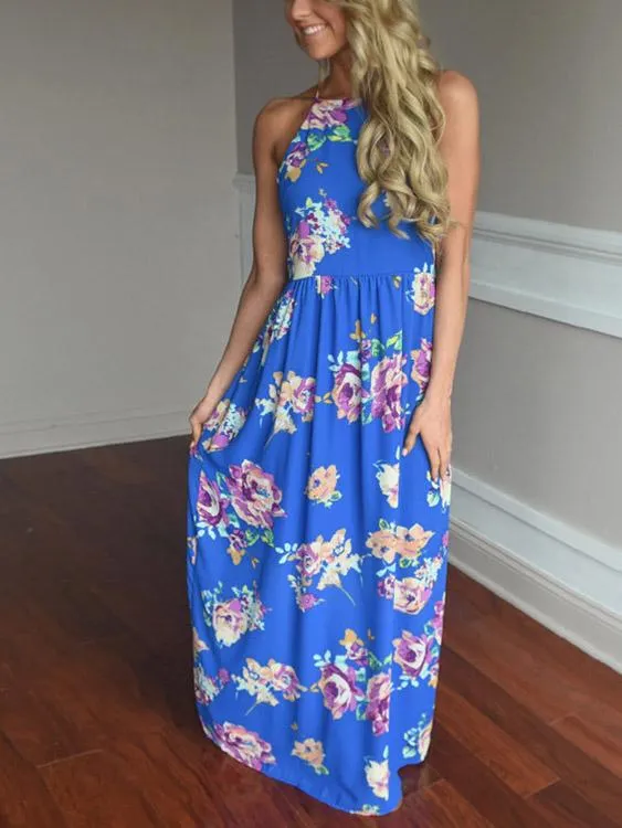 Wholesale Blue Halter Sleeveless Floral Print Pleated Maxi Dress