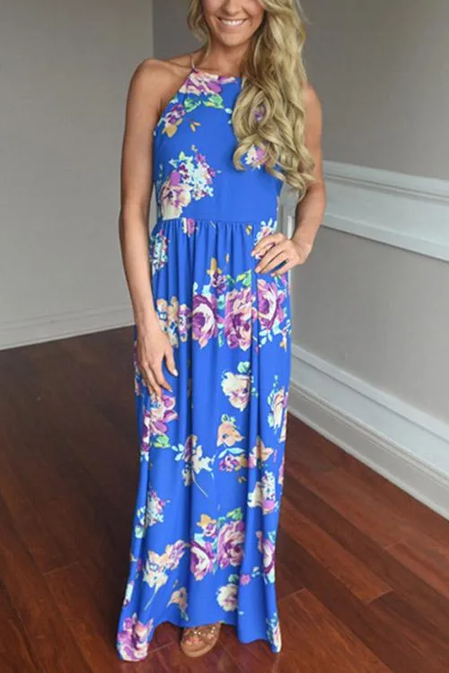 Wholesale Blue Halter Sleeveless Floral Print Pleated Maxi Dress