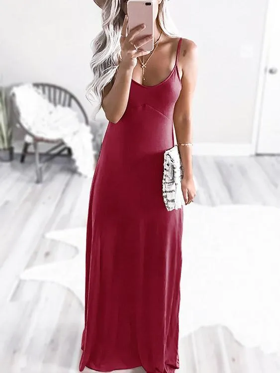 Wholesale Burgundy Scoop Neck Sleeveless Plain Zip Back Spaghetti Strap Maxi Dress