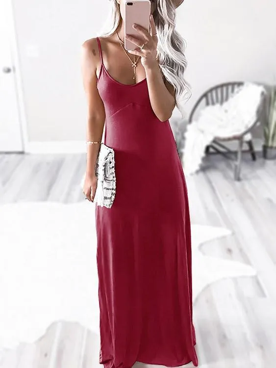 Wholesale Burgundy Scoop Neck Sleeveless Plain Zip Back Spaghetti Strap Maxi Dress