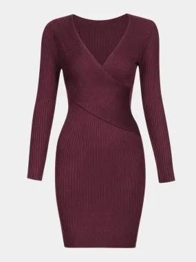 Wholesale Burgundy V-Neck Long Sleeve Bodycon Hem Dresses