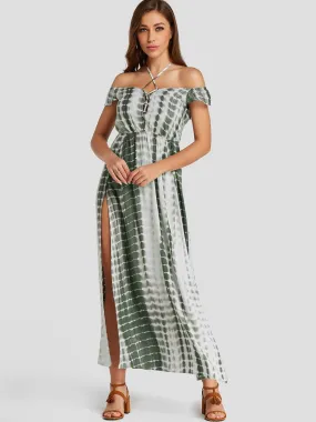 Wholesale Green Halter Short Sleeve Lace-Up Slit Hem Maxi Dresses