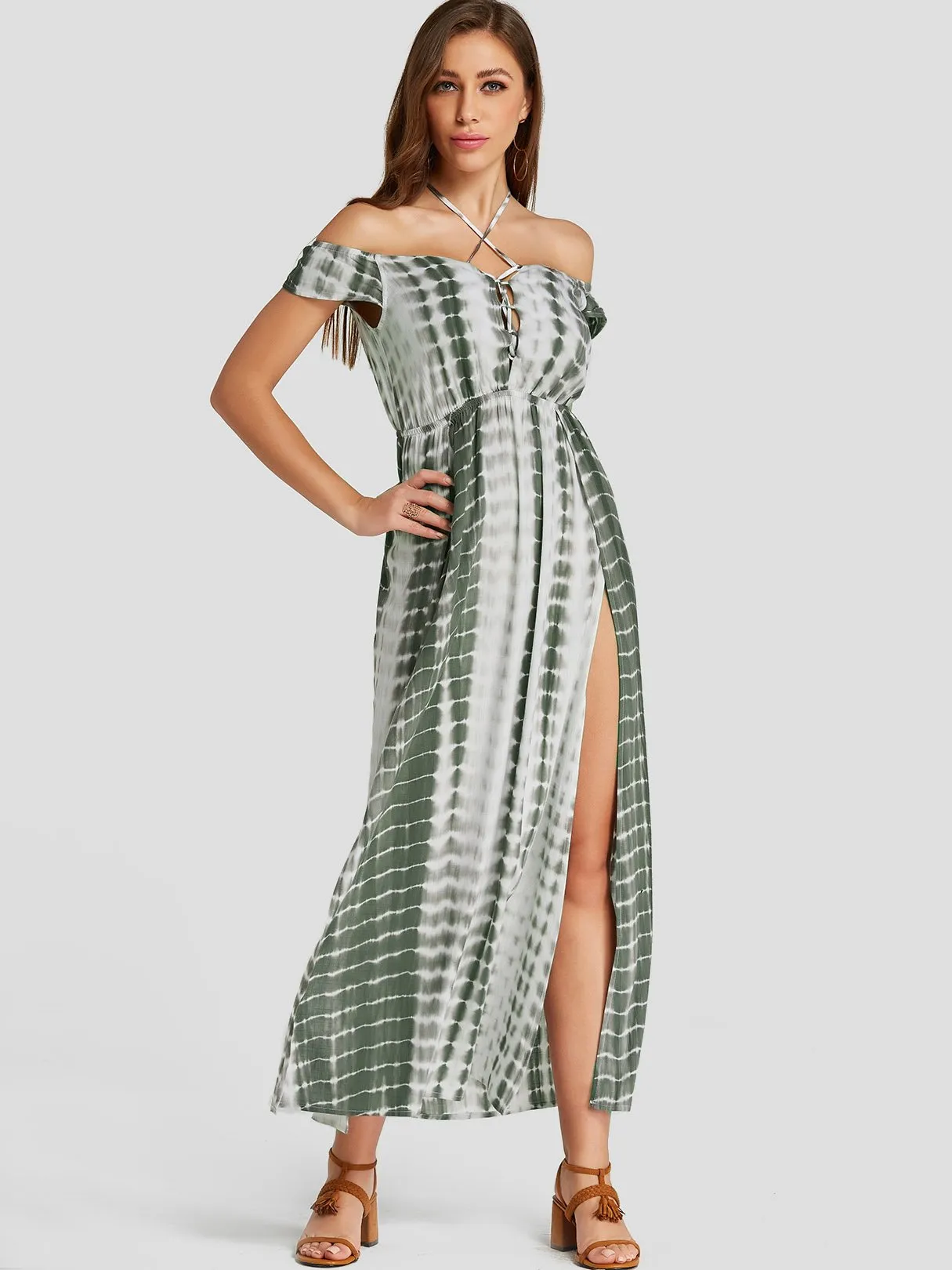 Wholesale Green Halter Short Sleeve Lace-Up Slit Hem Maxi Dresses