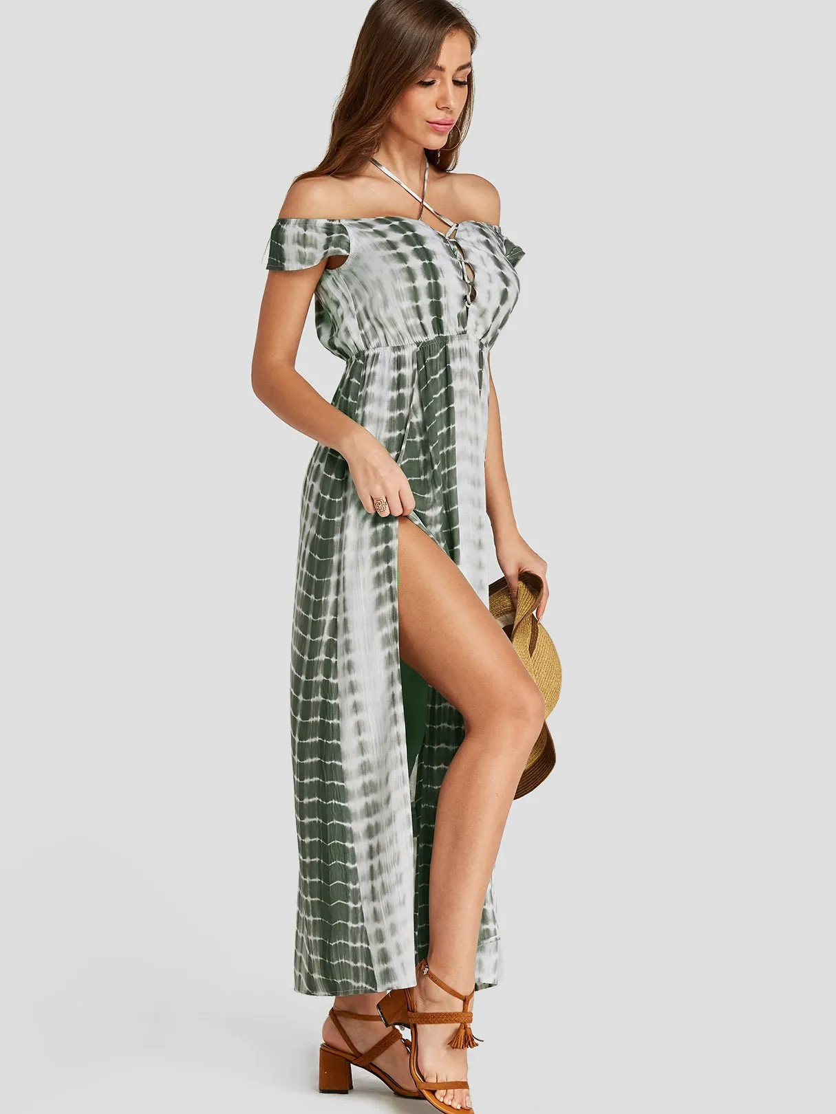 Wholesale Green Halter Short Sleeve Lace-Up Slit Hem Maxi Dresses