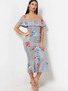 Wholesale Off The Shoulder Short Sleeve Floral Print Zip Back Flounced Hem Dresses