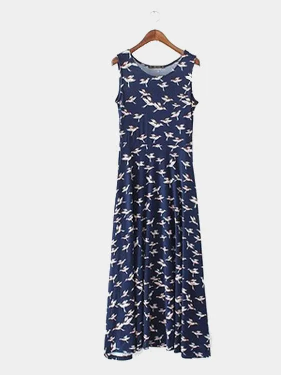 Wholesale Round Neck Sleeveless Maxi Dress With Bird Pattern All Over