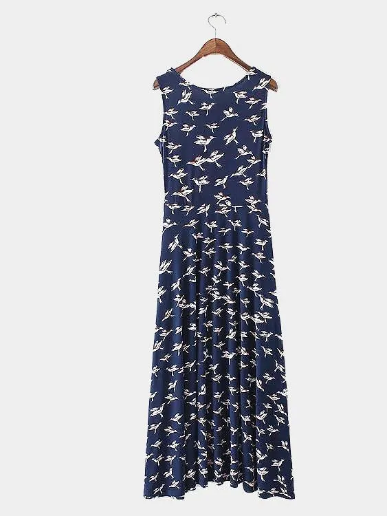 Wholesale Round Neck Sleeveless Maxi Dress With Bird Pattern All Over