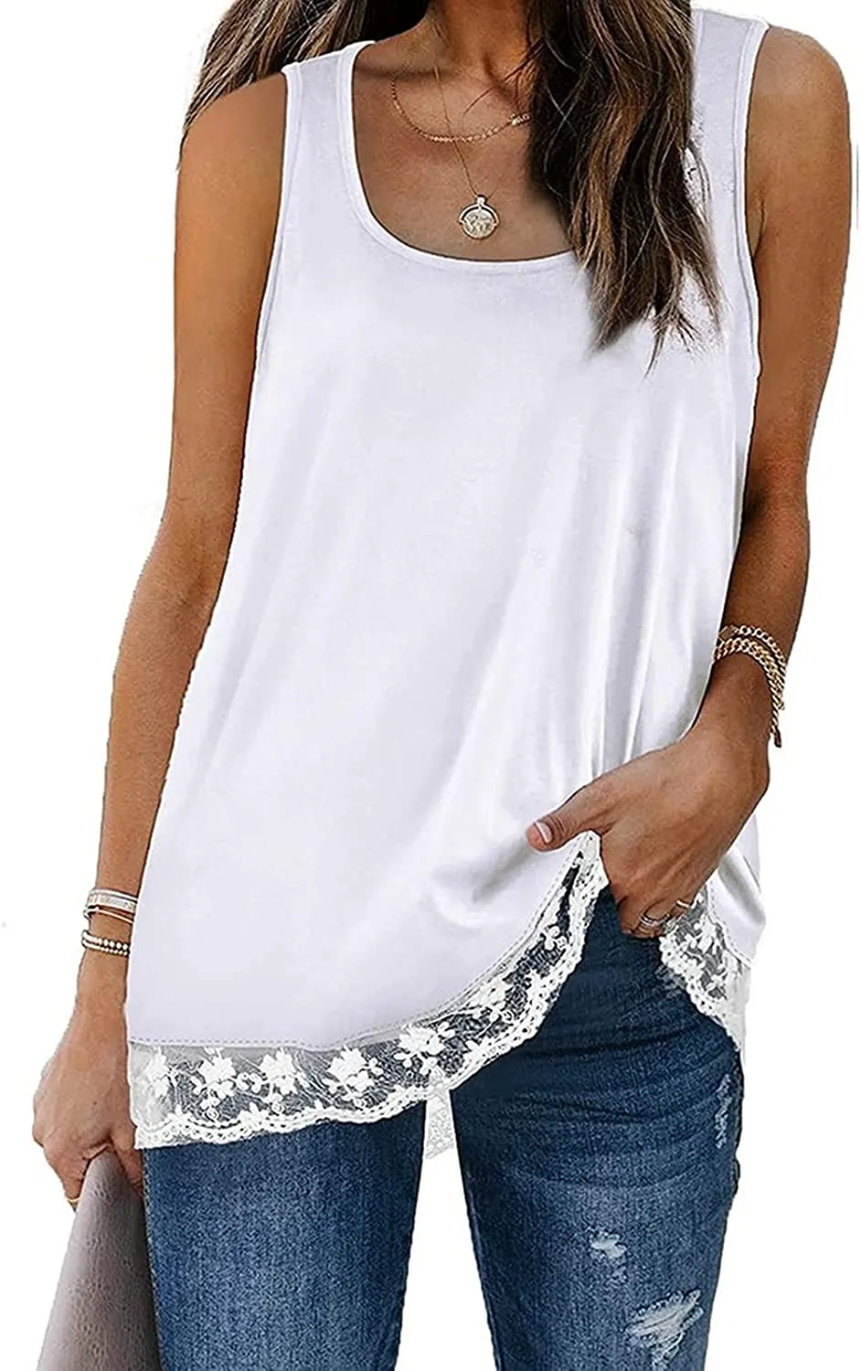 Women Fashion Tank Tops Solid Color Stitching Lace Square Round Neck Shirt