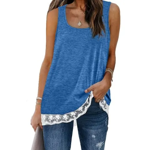 Women Fashion Tank Tops Solid Color Stitching Lace Square Round Neck Shirt