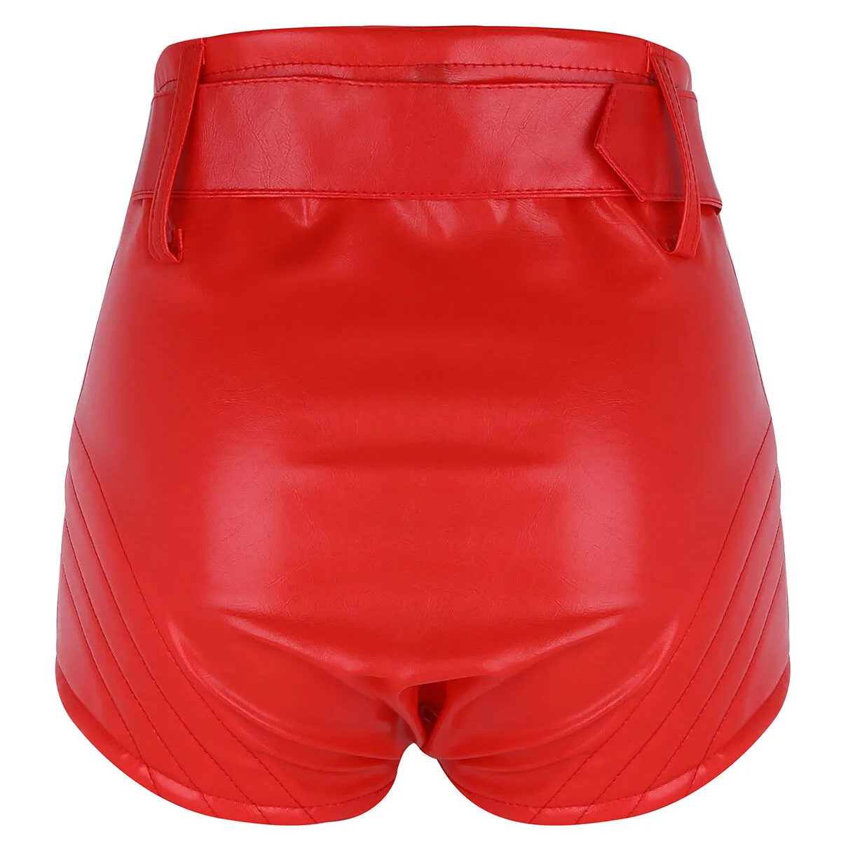 Women High Waist Red Leather Shorts with Belt