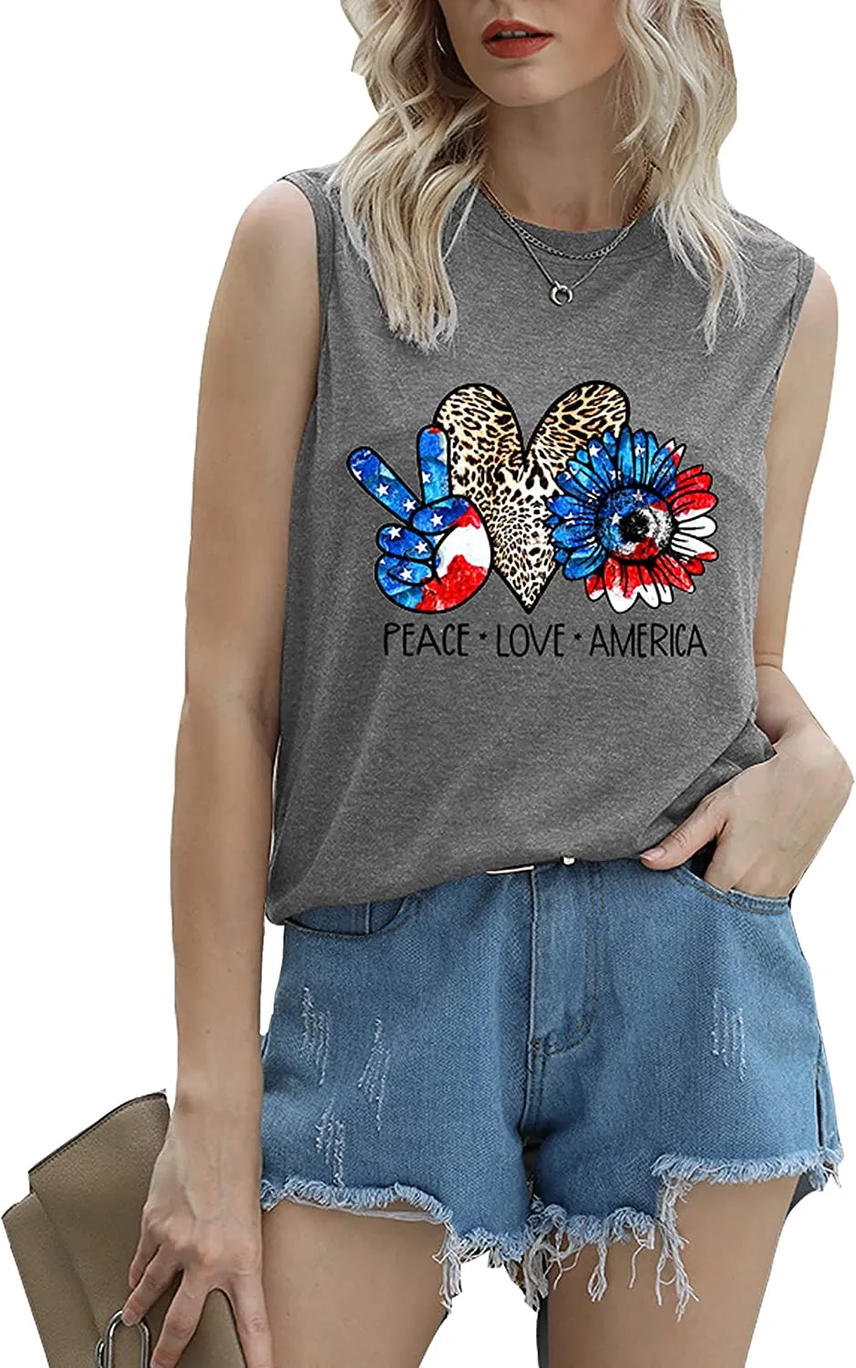 Women Peace Love America Shirt American Flag Sunflower Tank Tops