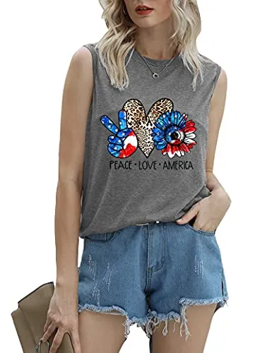 Women Peace Love America Shirt American Flag Sunflower Tank Tops