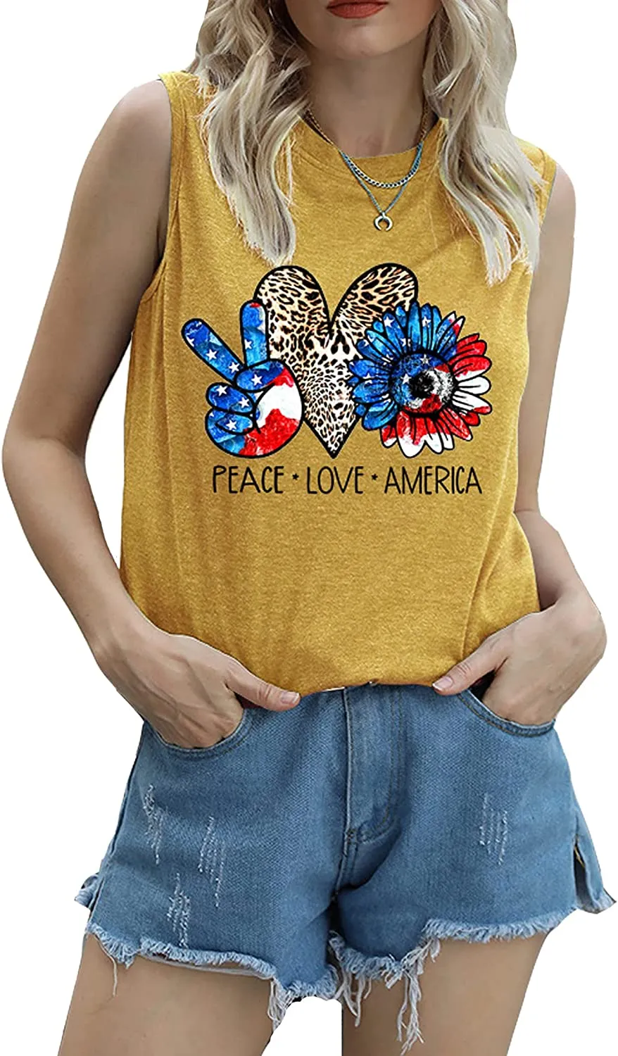 Women Peace Love America Shirt American Flag Sunflower Tank Tops