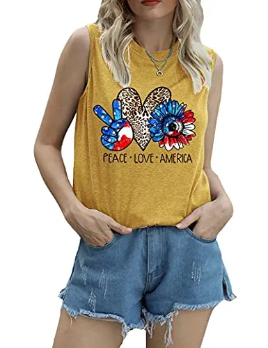 Women Peace Love America Shirt American Flag Sunflower Tank Tops