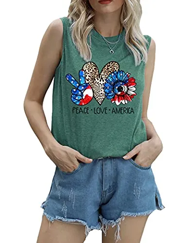 Women Peace Love America Shirt American Flag Sunflower Tank Tops