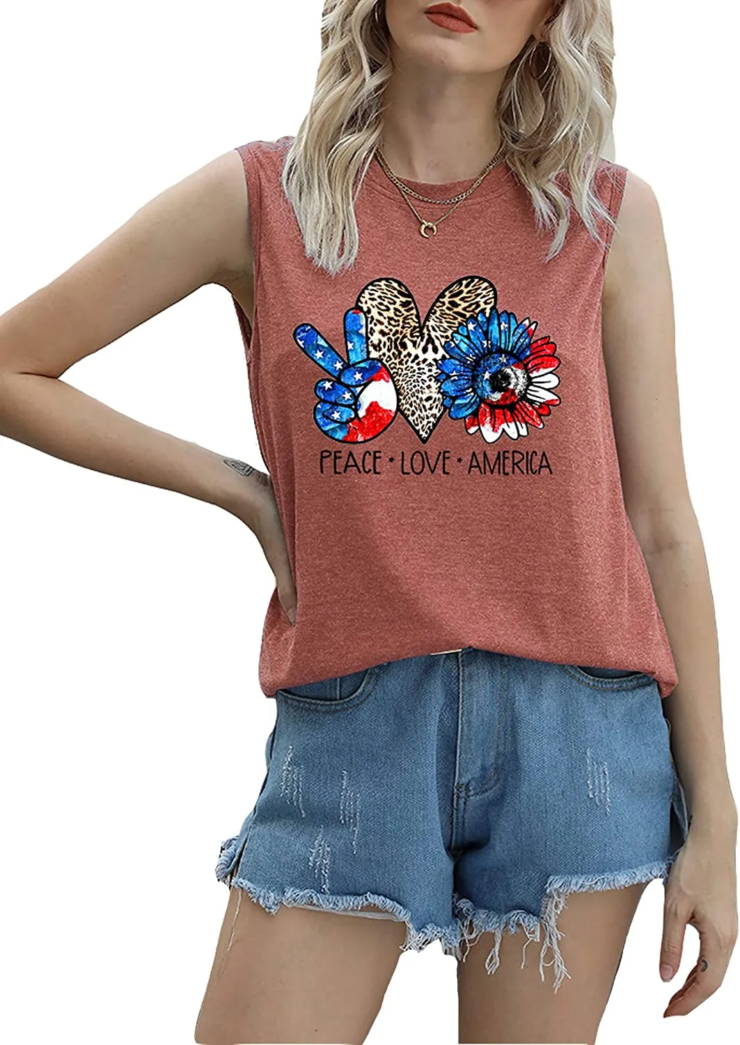 Women Peace Love America Shirt American Flag Sunflower Tank Tops