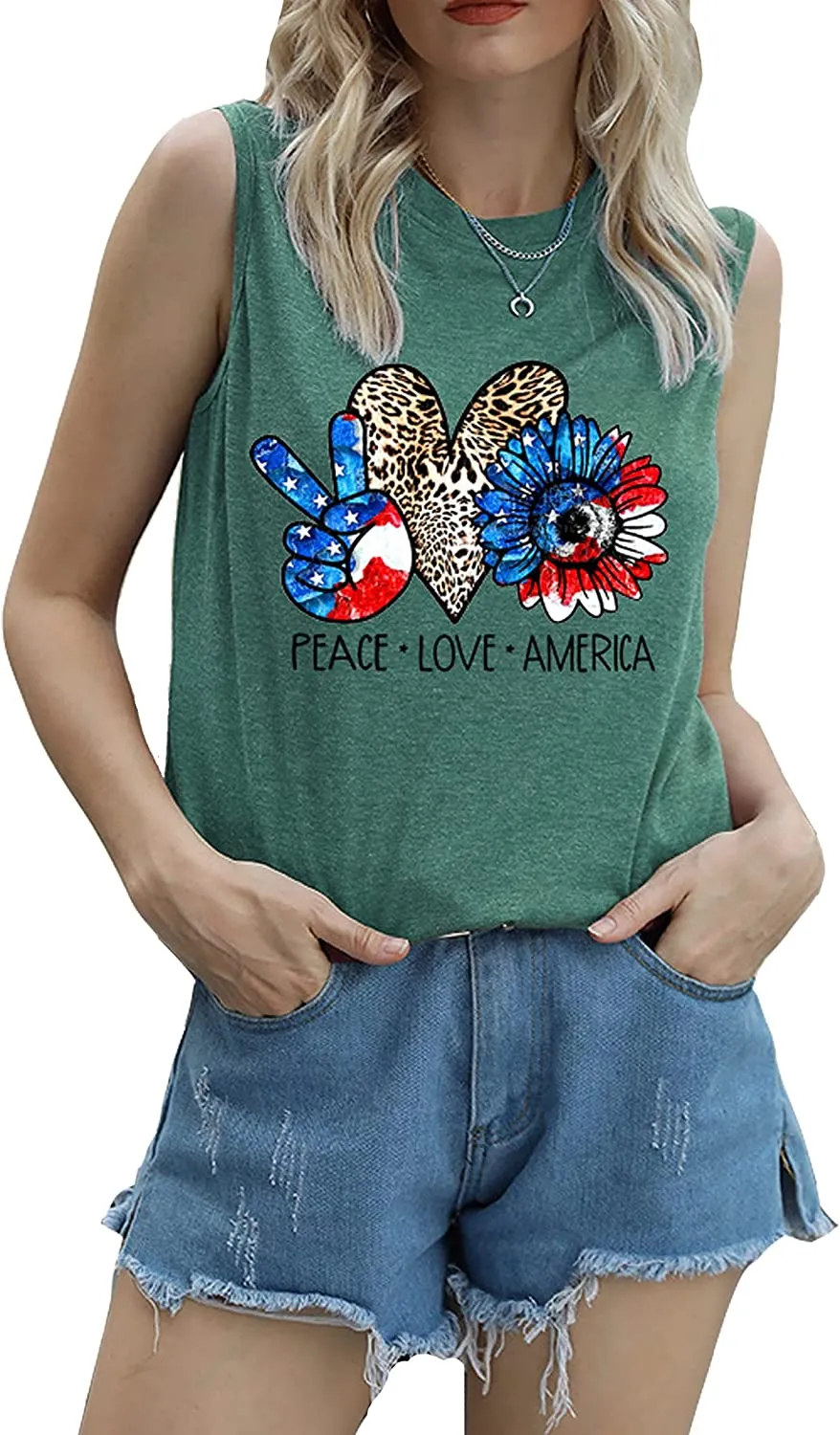 Women Peace Love America Shirt American Flag Sunflower Tank Tops