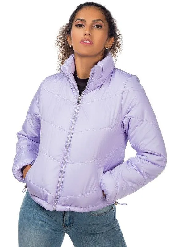 Womens Waist Length Puffer Jackets Stand Collar