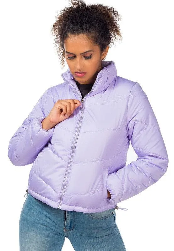 Womens Waist Length Puffer Jackets Stand Collar