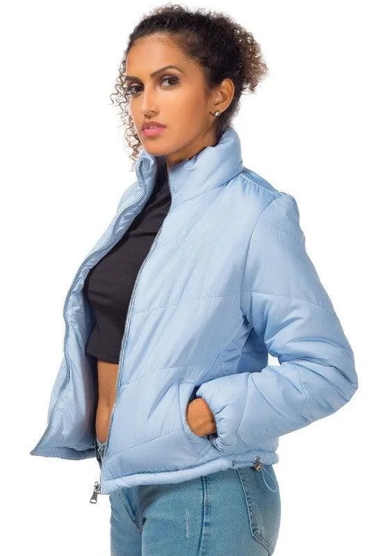 Womens Waist Length Puffer Jackets Stand Collar