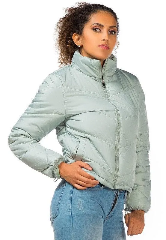 Womens Waist Length Puffer Jackets Stand Collar