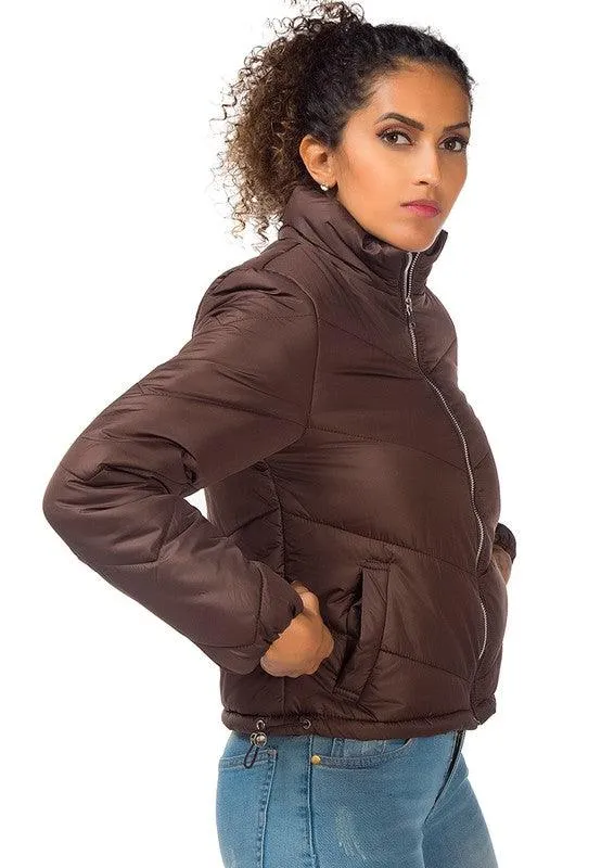 Womens Waist Length Puffer Jackets Stand Collar