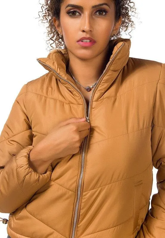 Womens Waist Length Puffer Jackets Stand Collar