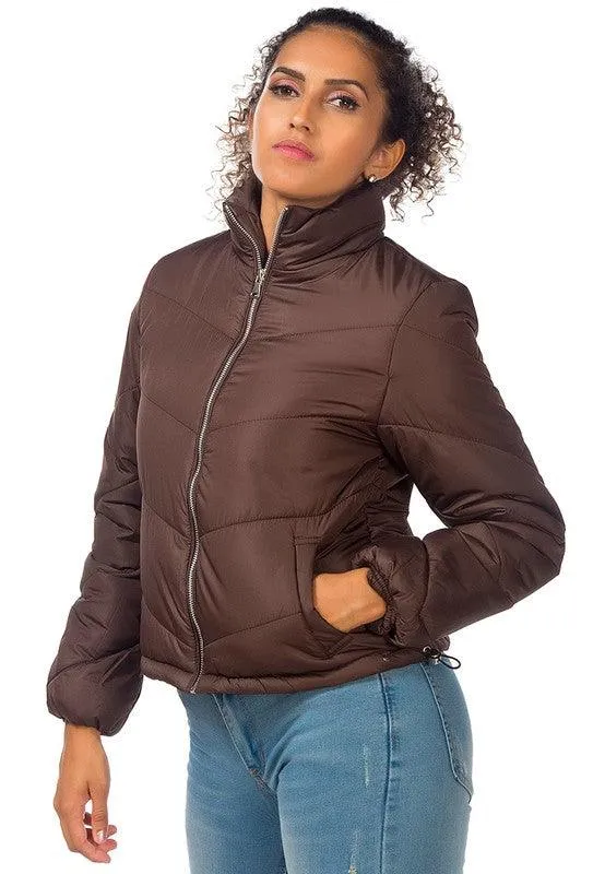 Womens Waist Length Puffer Jackets Stand Collar