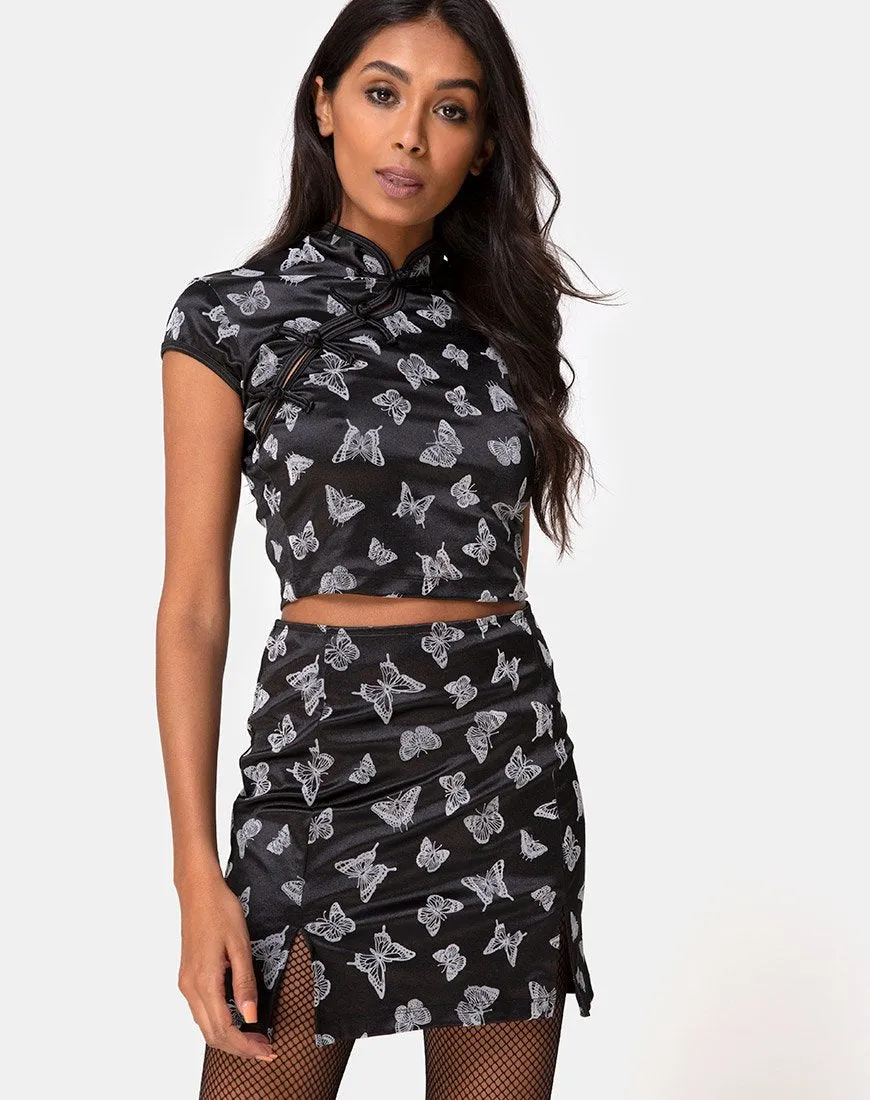 Zaid Mini Skirt in Black Butterfly Flock